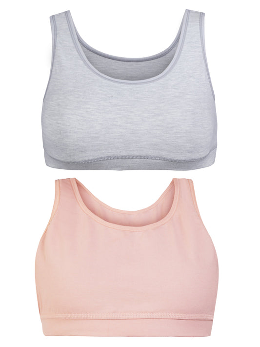 Girl's Premium Combed Cotton Blend Non-Padded Non-Wired Full Coverage Sports Bra (Pack of 2)